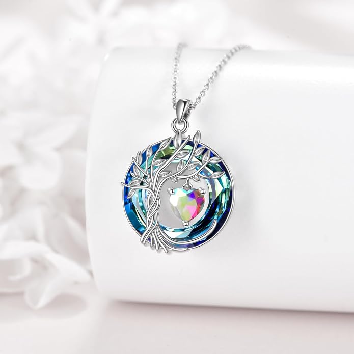 POPLYKE Mothers Day Gifts for Mom Her Wife Tree of Life Necklace 925 Sterling Silver Birthstone Pendant with Crystal Anniversary Birthday Wedding Jewelry for Women