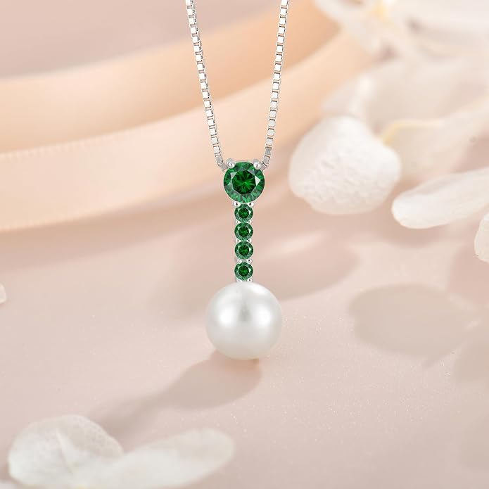 Pearl Necklace for Women, 925 Sterling Silver Dainty Round Freshwater Pearl with 5A Zircon Pendant Ideal Birthstone Jewelry Gifts for Her