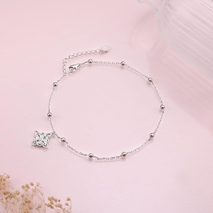 FLYOW S925 Sterling Silver Anklet for Women Summer Boho Beach Charm Adjustable Foot Ankle Bracelet Jewelry Birthday Gift