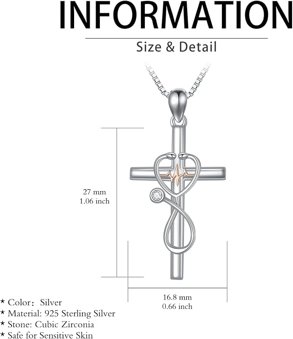 HPQQ Gifts for Nurse Sterling Silver Stethoscope Cross Necklace Nurses Birthstone Jewelry Nursing Themed Medicine Nurses Week Graduation Gifts Doctor Medical Student RN