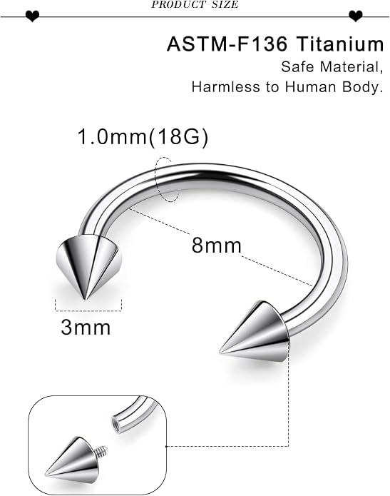 20G 18G 16G 14G 12G 8G 6G 4G 2G ASTM F136 Titanium Internal Thread Horseshoe Septum Ring Jewelry Circular Barbell Helix Snug Tragus Rook Daith Cartilage Earring Lip Ring Piercing Jewelry
