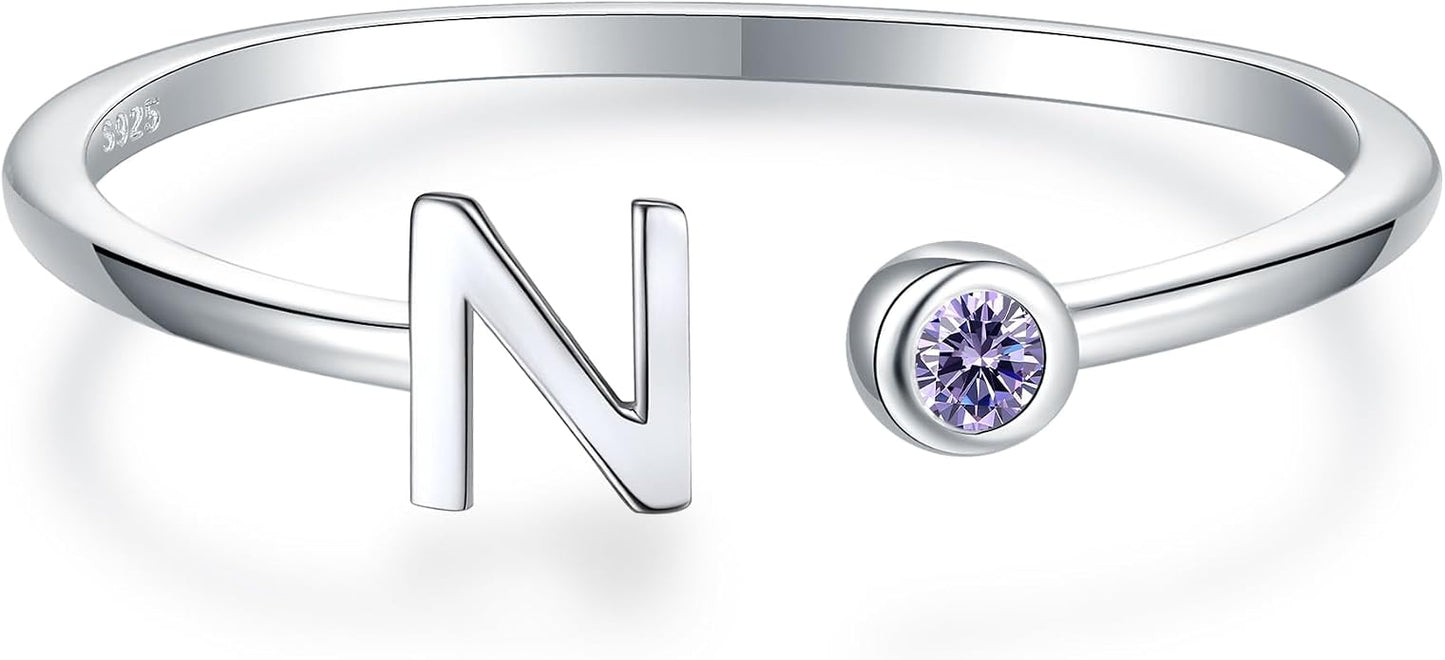 925 Sterling Silver Initial Letter Birthstone Rings for Women Adjustable 1-12 Month Birthstone Alphabet Stacking Ring for Teens Girls Stackable Birthstone Rings Birthday Jewelry Gift for Daughter Mom