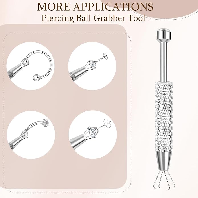 ONESING 2Pcs Piercing Ball Grabber Tool for Changing Jewelry, Stianless Steel Flat Back Earring Applicator Internally Threaded Push Pin Piercing Grabber Tool, Anti Slip 4 Claw Gem Ball Grabber Tool