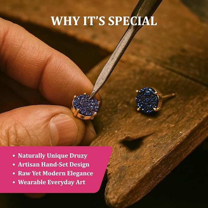 Gempires Gemstone Druzy Stud Earrings for Women 14k Gold Plated Handmade Prong Set Studs Raw Crystal Hypoallergenic Jewelry Minimalist Every Ocassion Gift