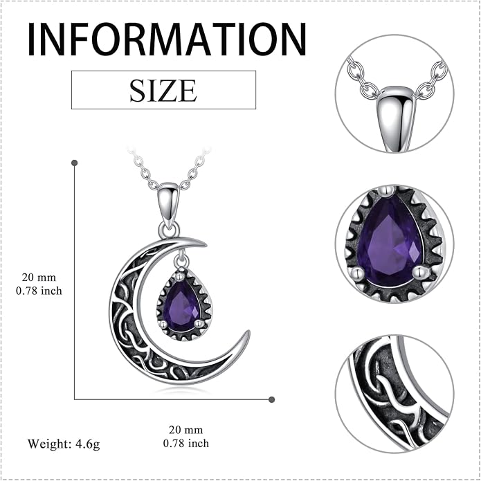 VONALA Crescent Moon Necklace Sterling Silver Emerald/Red/Purple/Black/Rainbow Topaz/Green/Aquamarine/Blue/Moss Agate Celtic Moon Teardrop Necklace Celtic Jewelry Gifts for Women Birthday