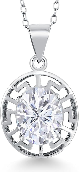 Gem Stone King 925 Sterling Silver 10X8MM Oval Gemstone Birthstone Necklace | Greek Key Pendant Necklace for Women | With 18 Inch Silver Chain