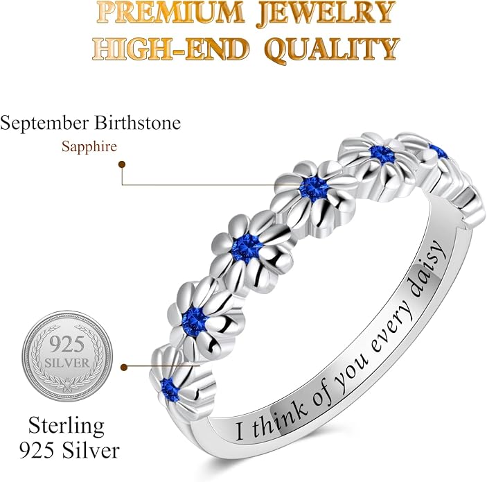 Dainty Daisy Ring for Women, S925 Sterling Silver Cubic Zirconia Sunflower Flower Ring For Daughter, I Think Of You Every Daisy Ring, Birthstone Flower Ring