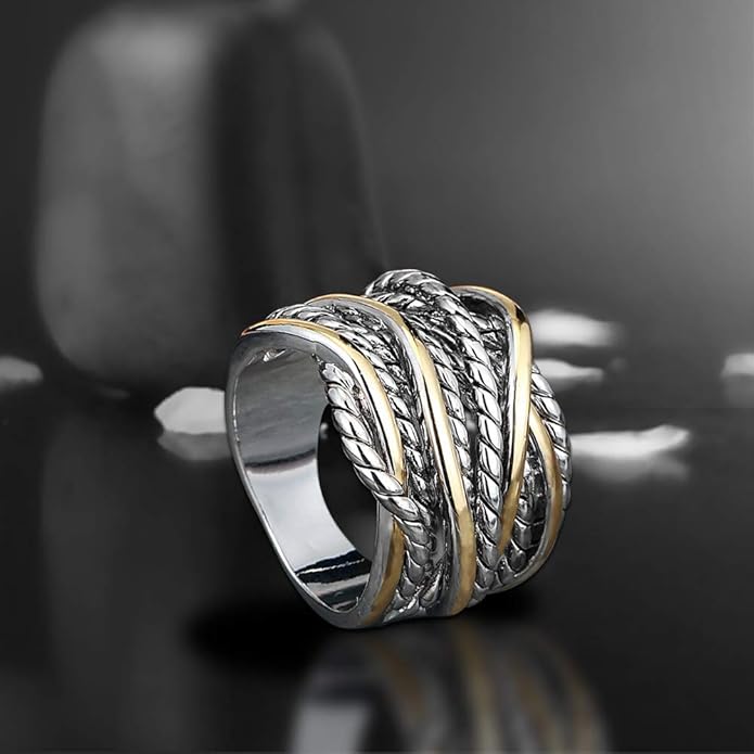 Mytys Wide Band Rings Twisted Rope Ring Two-Tone Mixed Metal Braided Statement Rings Fashion Jewelry for Women