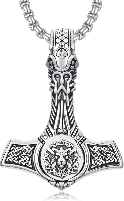 PROESS Thors Hammer Necklace Sterling Silver Celtic Knot Wolf/Lion/Raven Necklace Viking Mjolnir Pendant Jewelry for Men