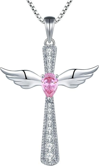 YL Cross Necklace 925 Sterling Silver Angel Wings Pendant Teardrop Birthstone Criss Jewelry for Women