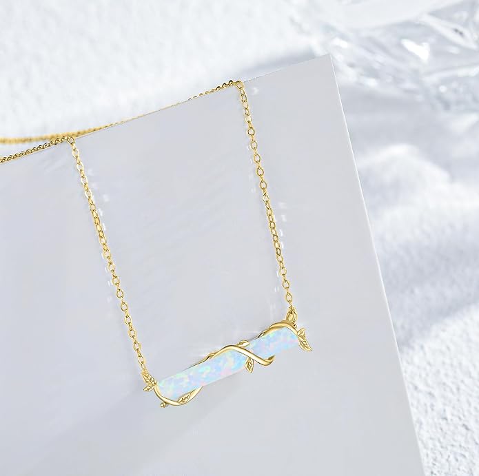 Bar Opal Leaf Necklace For Women S925 Sterling Silver White Opal Pendant with Leaf Charm Bar Pendant Jewelry Gift For Mom Daughter Wife