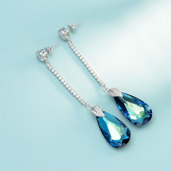 EleQueen 925 Sterling Silver CZ Teardrop Leaf Long Dangle Earrings Made with Austrian Crystal for Women, Valentine's Day/Mother's Day/Christmas Jewelry Gift