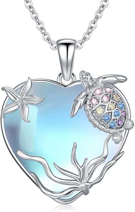 Sea Turtle/Seaweed Necklace for Women 925 Sterling Silver Heart of the Ocean Moonstone Pendant Necklace Turtle Moonstone Jewelry Gift for Wife Mom
