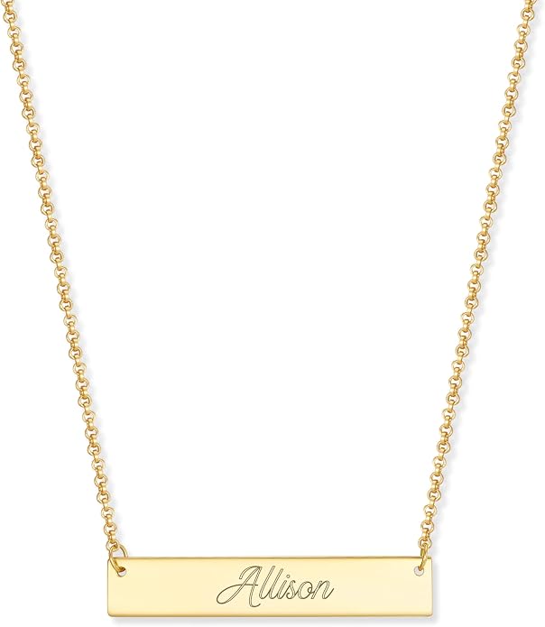 EVE'S ADDICTION Women's Custom Engraved Gold Plated Name Bar Necklace, 16 Inch Chain - Personalized Name Necklace for Her - Nameplate Necklace - Birthday Gift - Gifts for Mom