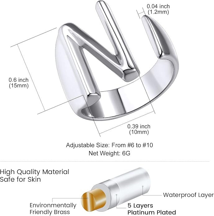 KeyStyle Bold Initial Letter Rings Adjustable, GoldChic Jewelry Women Gold Statement Ring Personalized Engraved Women’s Open Signet Ring for Party (Gold, White Gold, Black)