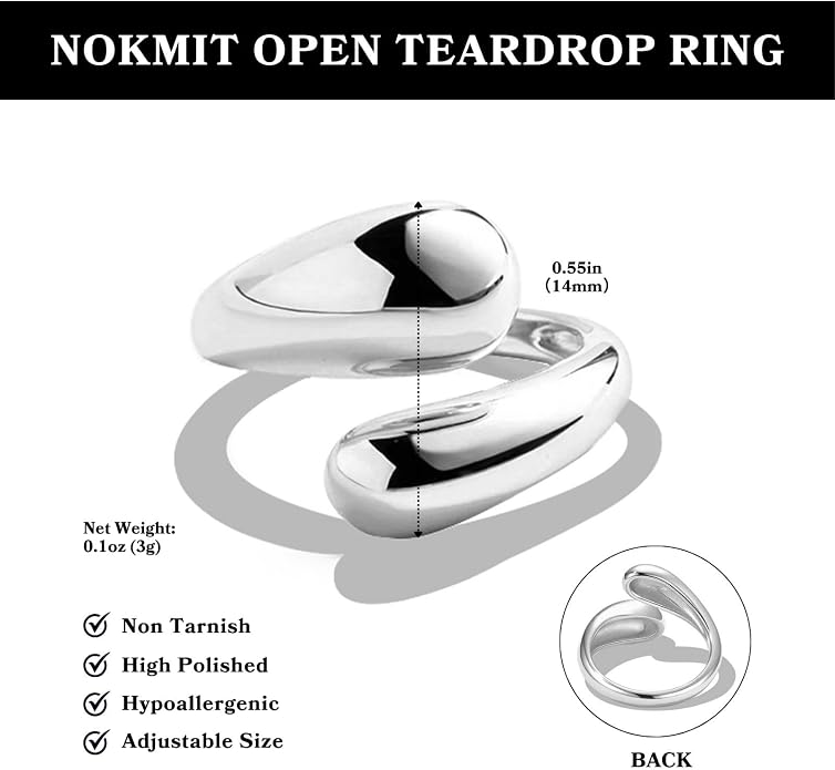 NOKMIT Chunky Gold Rings for Women Adjustable Open Teardrop Wrap Bypass Statement Band Gold Silver Tone High Polished Smooth Comfort Fit