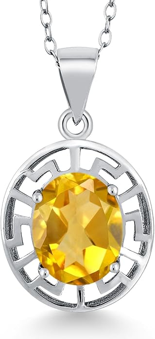 Gem Stone King 925 Sterling Silver 10X8MM Oval Gemstone Birthstone Necklace | Greek Key Pendant Necklace for Women | With 18 Inch Silver Chain