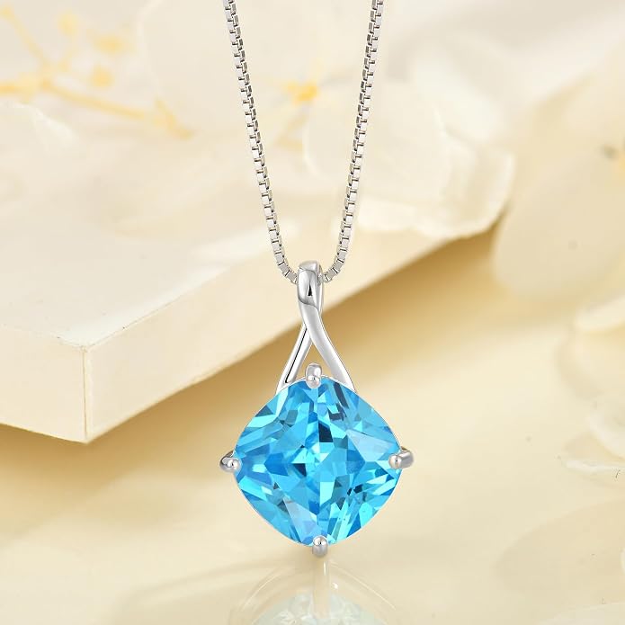 Square Cut Birthstone Necklace for Women Hypoallerg 925 Sterling Silver Cubic Zirconia Necklace Simple Jewelry for Her