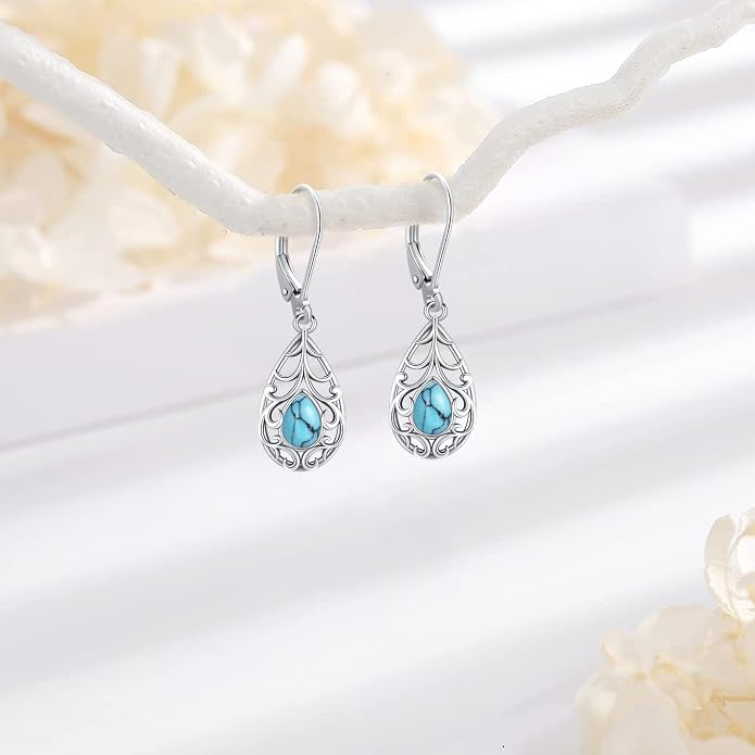 Dangle Earrings Sterling Silver Moonstone/Turquoise/CZ/Crystal Earrings for Women Tree of Life Animal Filigree Leverback Earrings Jewelry Gifts