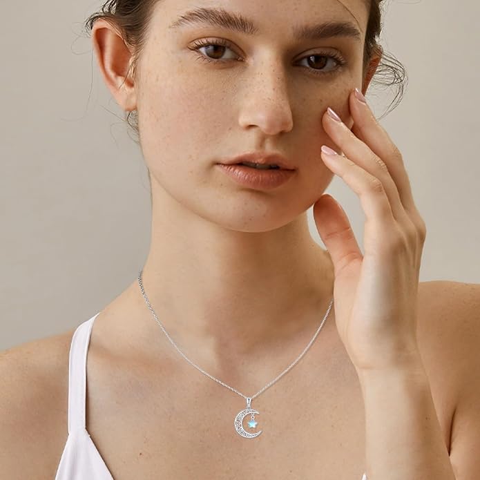 TRISHULA Moon Star Necklace, 925 Sterling Silver Crescent Moon Sun Pendant with Moonstone Crescent Jewelry Gift for Her Sister Birthday Christmas