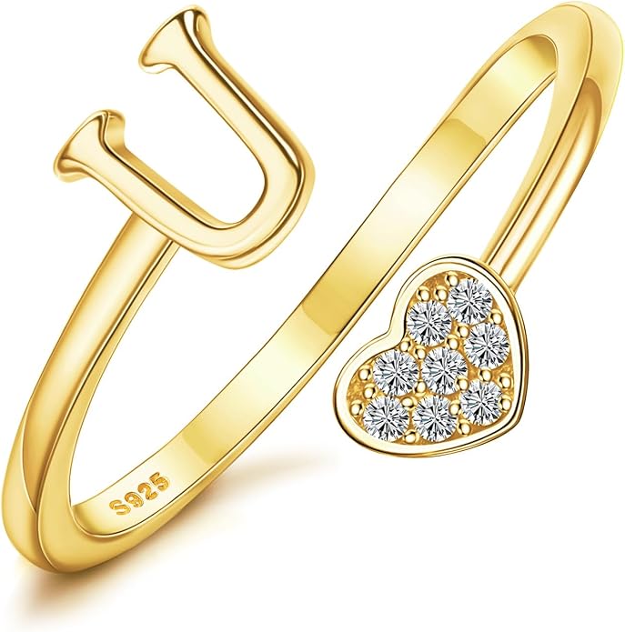 MILACOLATO 925 Sterling Silver Initial Rings for Women Teen Girl 18K Gold Plated Heart Initial Rings Adjustable Capital Letter Ring Stackable Thumb Pinky Rings for Daughter Birthday Bridesmaid Gifts Jewelry, A to Z