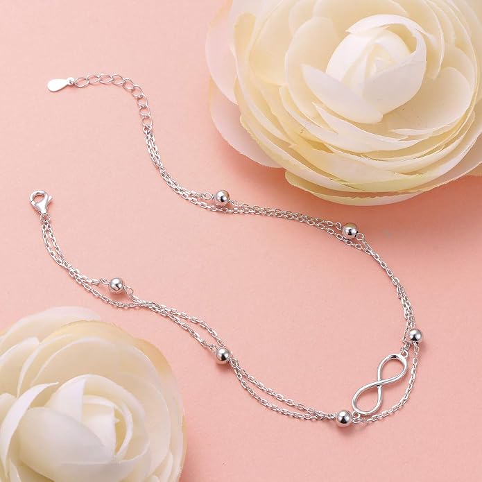 Flyow Anklet for Women S925 Sterling Silver Adjustable Foot Beaded Heart Charm Ankle Bracelet Anklets Jewelry