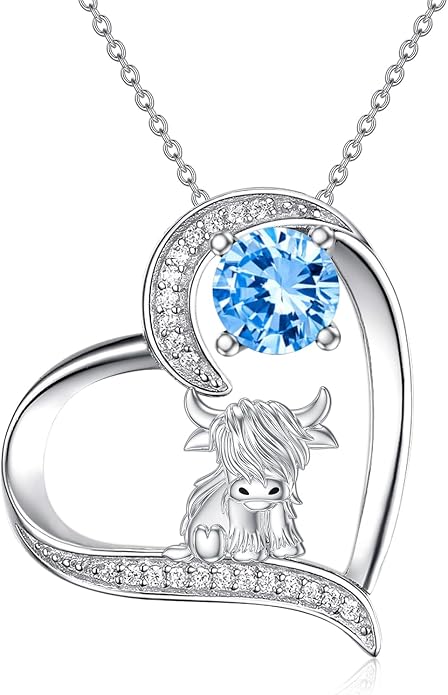 Highland Cow Gifts for Women 925 Sterling Silver Highland Cow Birthstone Necklace Fluffy Cow Jewelry Gifts Birthday Christmas