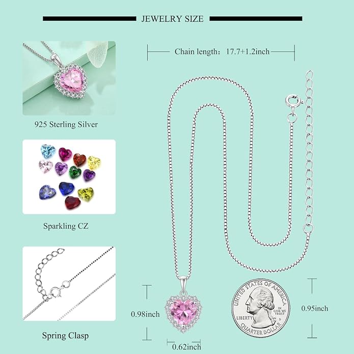 STARCHENIE 925 Sterling Silver Heart Birthstone Pendant Necklace for Women | Genuine 925 silver pendant, heart birthstone, love heart design, 925 silver 18+2" adjustable chain