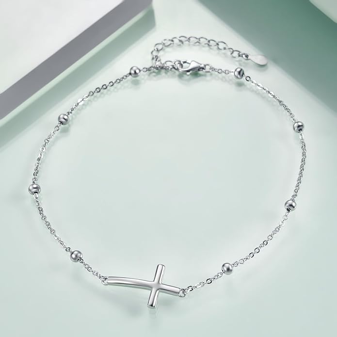 Rnivida 925 Sterling Silver Anklet for Women, Dainty Cross, Evil Eye, Anchor, Wave Beads Chain Ankle Bracelet