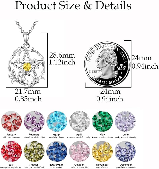 Birthstone Pentagram Necklace for Women 925 Sterling Silver Pentacle Daisy Pendant Pentacle Jewelry Birthday Gifts