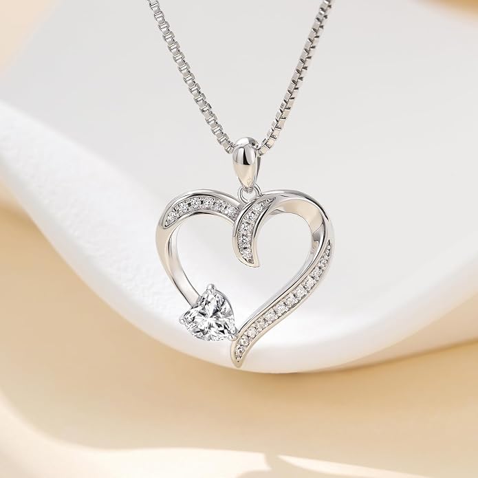 Love Heart Necklace for Women, 925 Sterling Silver Cubic Zirconia Birthstone Heart Pendant Jewelry Gift for Mom, Mother, Wife, Girlfriend on Birthday, Mother's Day, Chain 18 inch