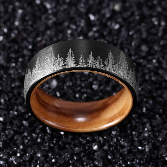 Forest Rings for Men 8 mm Black Plated Wedding Band with Wood Liner Comfort Fit