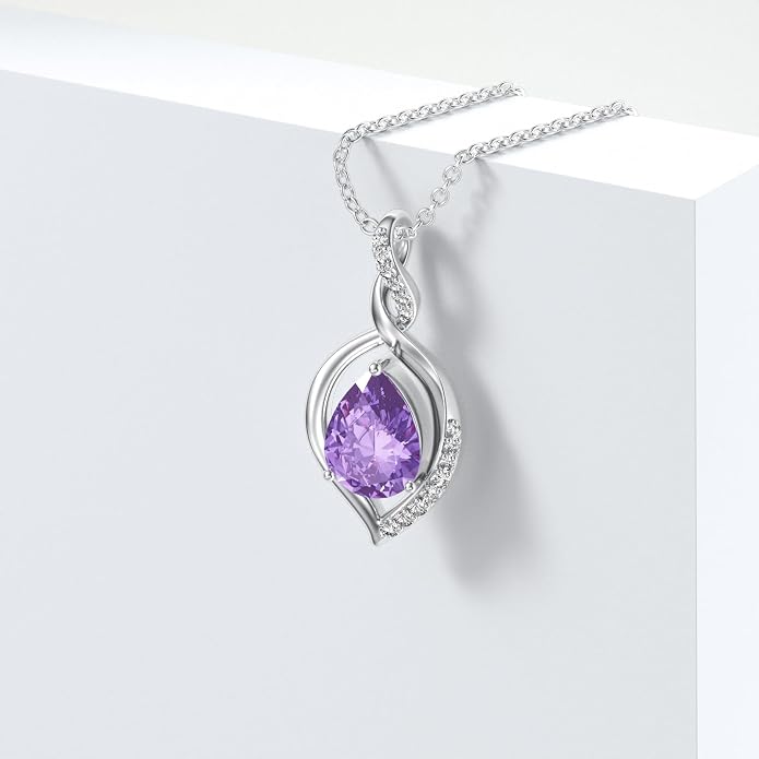 Natural Amethyst Necklace for Women 925 Sterling Silver Purple February Teardrop Birthstone Pendant Jewelry Birthday Gifts for Mom Women