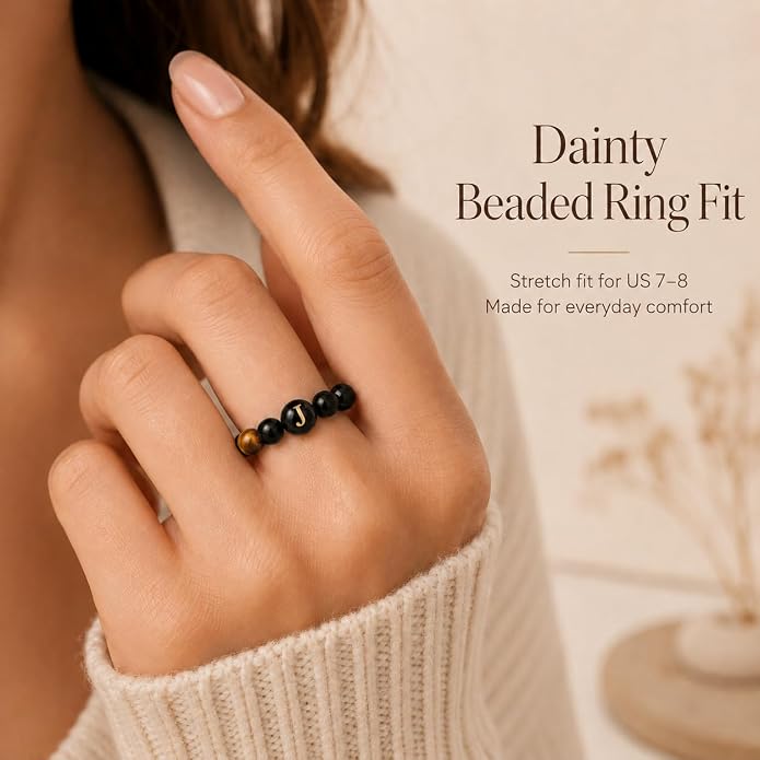 Initial Ring for Women, Black Onyx Beaded Stretch Letter Ring | Personalized-style A-Z initial ring with black onyx beads, shell letter bead, stretch fit, and gift-ready box