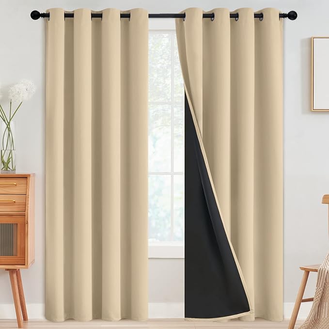 SimpleHome Beige 100% Blackout Curtains Room Darkening Living Room 96 Inch | Curtains for Bedroom,Thermal Insulated Grommet Window Drapes,Curtains for Living Room with Black Back,52 x 96 Inch,2 Panels