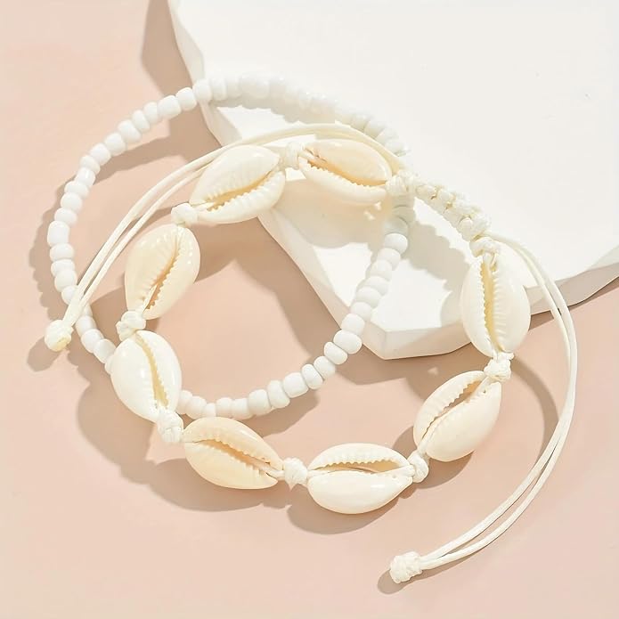 Qceasiy Bead Ankle Bracelets Set For Women, Adjustable Gold Plated Boho Shell Anklet, Hawaiian Beach Seashell Pearl Disc Starfish Conch Foot Jewelry, Summer Fashion Gifts