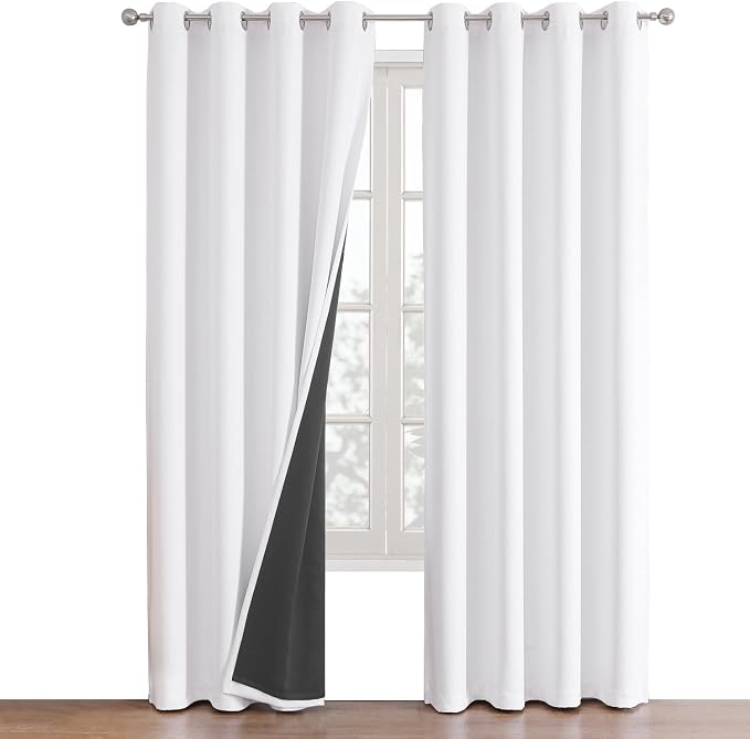 ChrisDowa White 100% Blackout Curtains for Bedroom 95 Inches Long 2 Panels | 2 Thick Layers, Thermal Insulated, Grommet, Window Treatment, Living Room Drapes with Black Liner, Pure White, 52 x 95 Inch