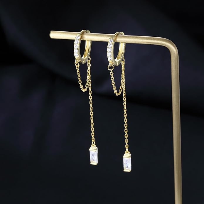 SLUYNZ Solid 925 Sterling Silver CZ Hoop Earrings Chain for Women Teens Hoop Earrings Tassel