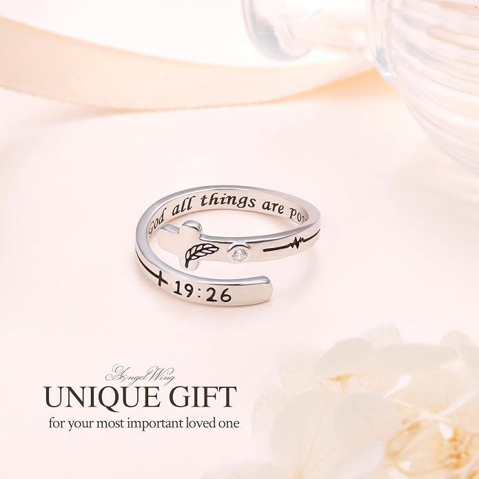 Ladytree Feather Angel Wings Adjustable Memorial Dainty Sterling Silver Open Thumb Ring for Women Men Loss of Mom Dad Daughter Loved Ones Mother's Day Sympathy Memory Jewelry Gifts