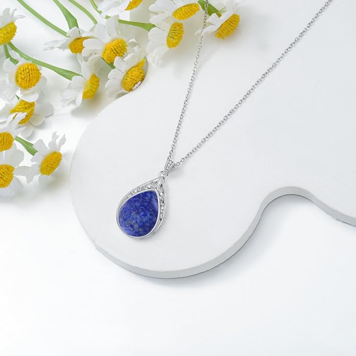 HPQQ Teardrop Necklace 925 Sterling Silver Filigree Gemstone Pendant Necklace Fine Jewelry Birthday Mother's Day Gifts for Women Her Mom