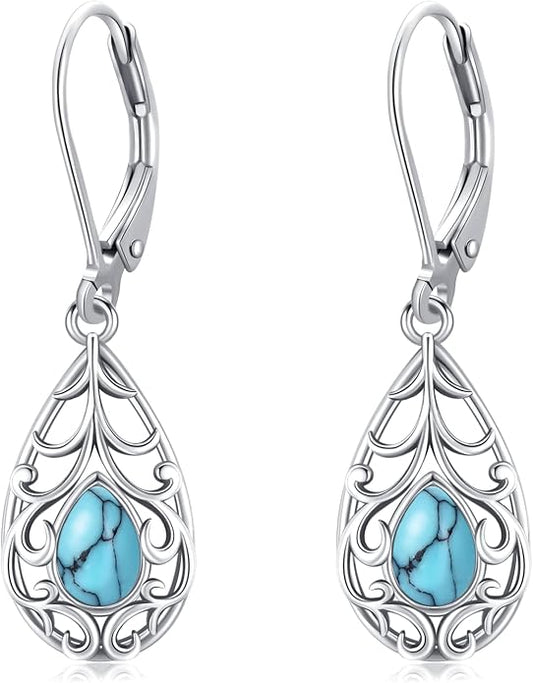 Dangle Earrings Sterling Silver Moonstone/Turquoise/CZ/Crystal Earrings for Women Tree of Life Animal Filigree Leverback Earrings Jewelry Gifts