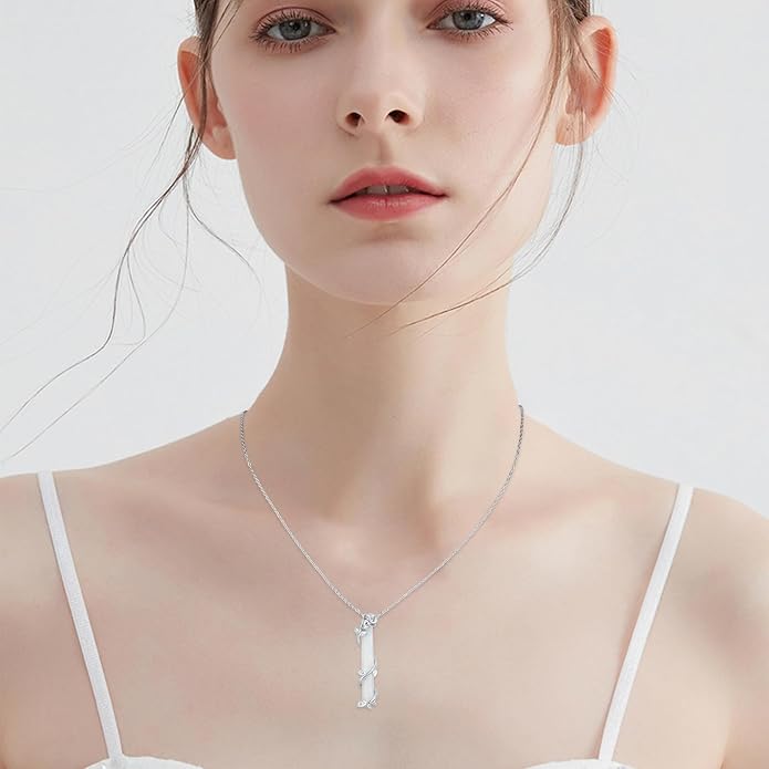 Bar Opal Leaf Necklace For Women S925 Sterling Silver White Opal Pendant with Leaf Charm Bar Pendant Jewelry Gift For Mom Daughter Wife