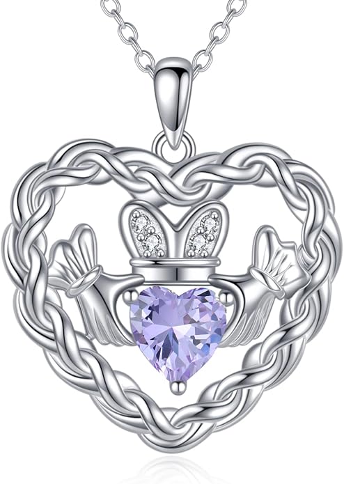 Birthstone Claddagh Heart Necklace 925 Sterling Silver Heart Celtic Knot Claddagh Necklace Pendant Irish Jewelry Gifts for Women Mom Wife Sister Christmas Birthday,18+2 inch
