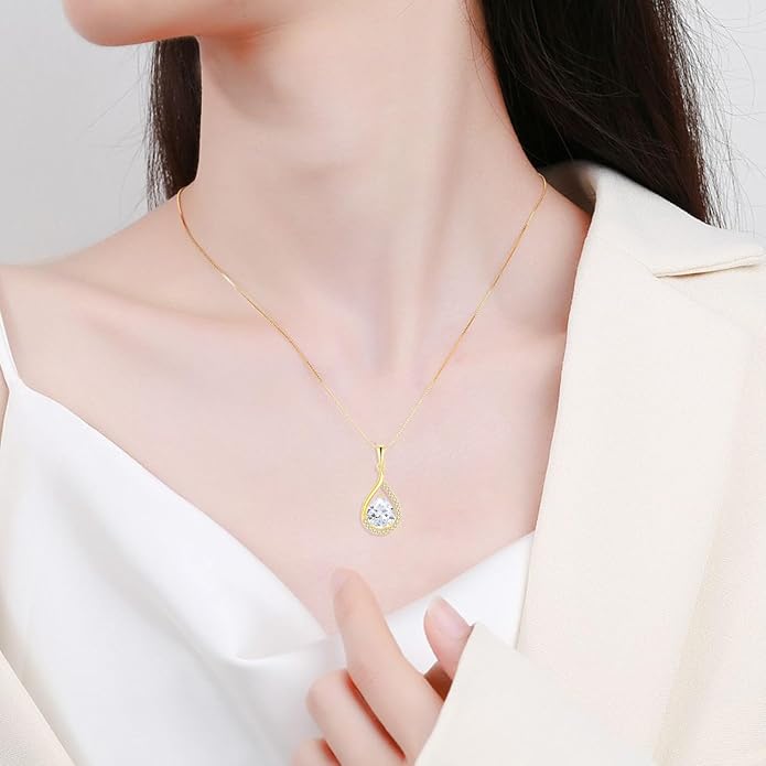 Teardrop Birthstone Necklace for Women 925 Sterling Silver White/Yellow Gold Plated Cubic Zirconia Pendant Necklace Jewelry for Her