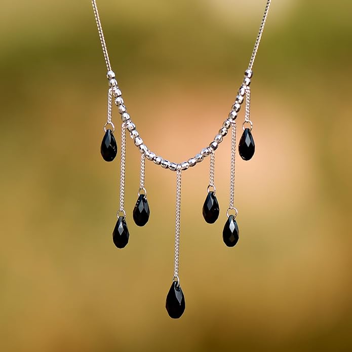 925 Sterling Silver Handmade Crystals Rain Drop Tassel layered Pendant Boho necklace statement Chandelier shape Lobster Clasp Length Choker 18"+2" Ideal Gift for Women Ladies Dress accessories.