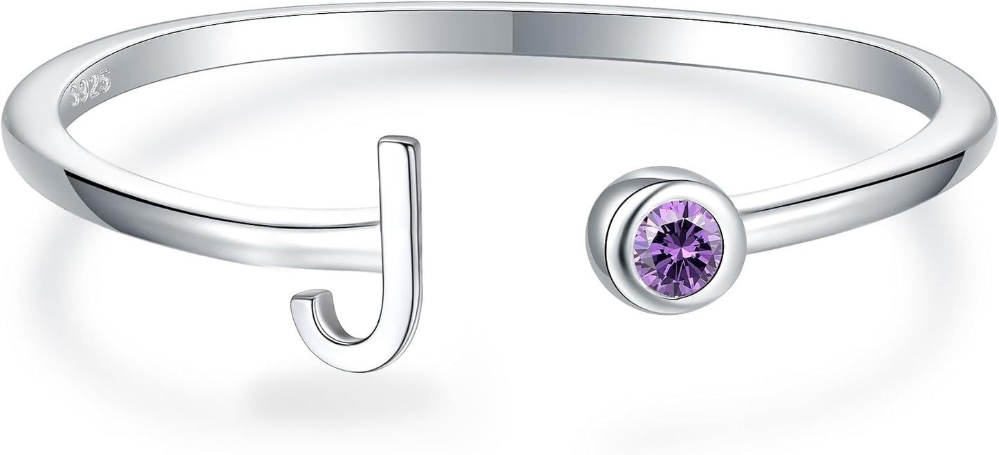 925 Sterling Silver Initial Letter Birthstone Rings for Women Adjustable 1-12 Month Birthstone Alphabet Stacking Ring for Teens Girls Stackable Birthstone Rings Birthday Jewelry Gift for Daughter Mom
