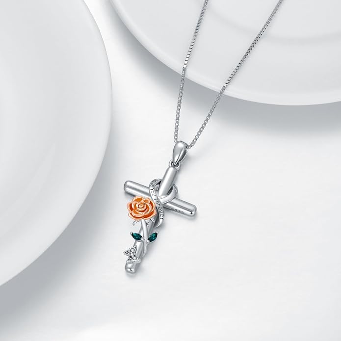 Cross Necklace for Women 925 Sterling Silver I Love You Necklace Religious Jewelry with Gift Box for Mother Daughter