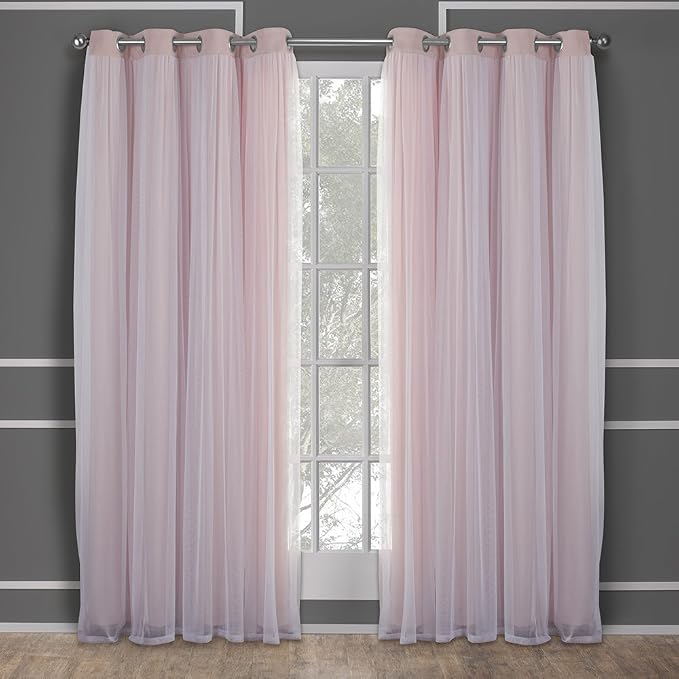 TOWN & COUNTRY LUXE Talia Double Layer Indoor Curtains, Sheer and Room Darkening Blackout, Grommet Top, Energy Efficient, 2-Pack Set, 52"x108", Rose Blush