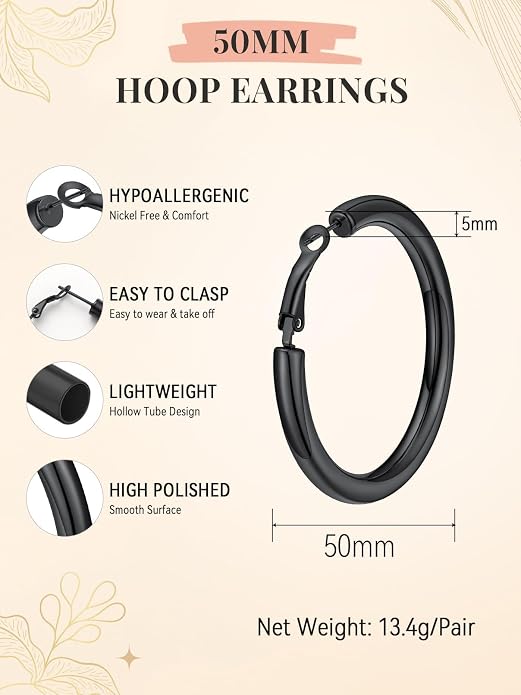FaithHeart Chunky Hoop Earrings for Women, Silver/Black/14K Gold Plated Stainless Steel Earrings 5mm Thick Hollow Tube Hoops Hypoallergenic Lightweight Earring 20/30/40/50/60/70/80mm