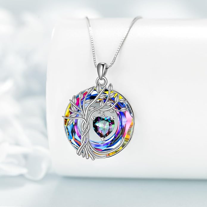 POPLYKE Mothers Day Gifts for Mom Her Wife Tree of Life Necklace 925 Sterling Silver Birthstone Pendant with Crystal Anniversary Birthday Wedding Jewelry for Women